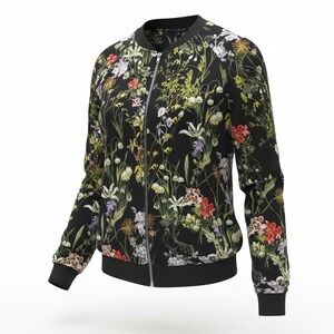 West Kei Women's Floral Bomber Jacket Black Botanical Full Zip Size Large